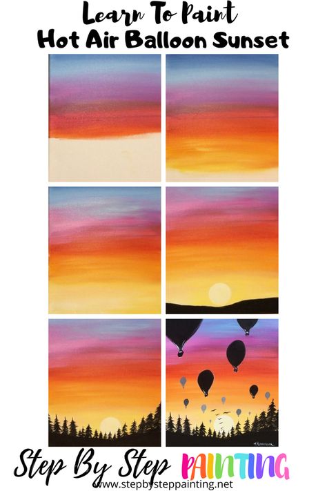 Create an easy sunset painting with acrylics. Step by step painting tutorial free online. Learn how to paint a sunset with hot air balloon silhouettes. This is a free painting tutorial for the beginner painter. Tracie’s tutorials include step by step picture directions and video. #stepbysteppainting #traciekiernan