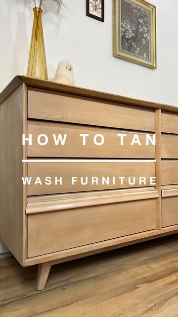 Blond Wood Furniture, Dresser Hardware Update, Refinishing Mcm Furniture, Refinished Mcm Furniture, Algonquin Wash, Mcm Buffet Makeover, How To Tan Wash Wood, Tan Dresser, Tan Washing Wood