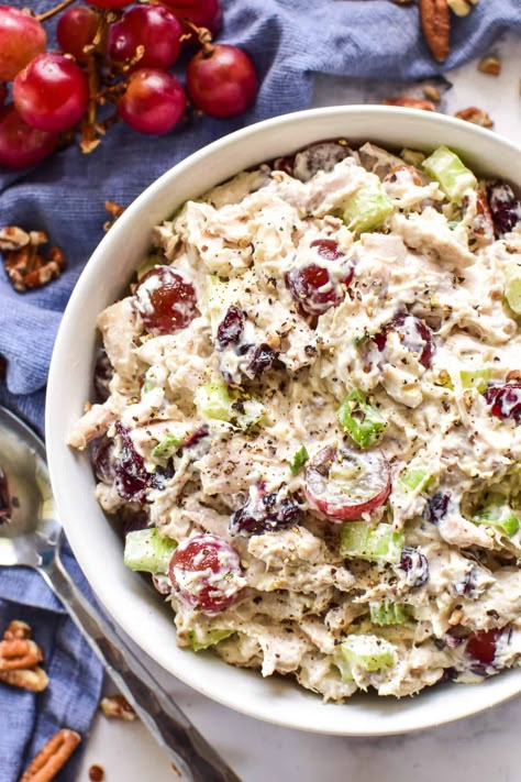 The BEST Chicken Salad recipe ever! This creamy chicken salad is loaded with red grapes, dried cranberries, green onions, celery, and chopped pecans for a deliciously savory-sweet combo that's sure to become your new go-to! Spicy Chicken Salad Recipe, Sonoma Chicken Salad, Best Broccoli Salad, Best Broccoli Salad Recipe, Rustic Apartment Decor, Dill Chicken, Best Chicken Salad Recipe, Salad With Grapes, Best Chicken Salad