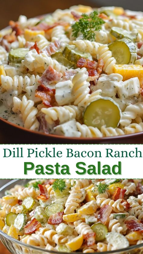 Dill Pickle Bacon Ranch Pasta Salad Jalapeno Pasta Salad, Dill Pickle Ranch Pasta Salad, Fill Pickle Pasta Salad, Dill Pickle Bacon Ranch Pasta Salad, Cold Pasta Salad Recipes Creamy, Ranch Pasta Salad Recipes, Pickle Ideas, Dill Pasta Salad, Dill Pickle Pasta Salad Recipe