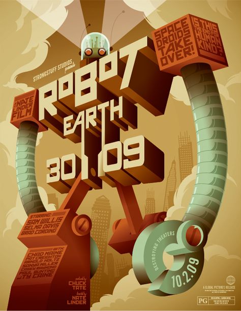 Making of Robot Earth 3009 Typographic Illustration - Tuts+ Design & Illustration Tutorial Retro Photoshop Tutorial, Robot Poster, Tom Whalen, Typography Tutorial, Typographic Poster Design, Poster Design Tutorials, 3d Typography, Type Illustration, Beautiful Typography