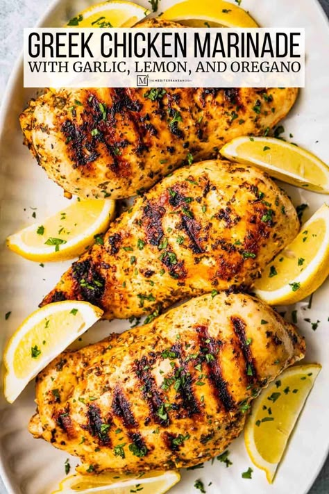 Greek chicken marinade with garlic, lemon, and oregano. Learn how to marinate chicken with this easy chicken marinade recipe! Lemon Chicken Marinade, Greek Meals, Greek Marinated Chicken, Mediterranean Grilled Chicken, Greek Chicken Marinade, Oregano Chicken, Baked Greek Chicken, Easy Chicken Marinade, Marinate Chicken