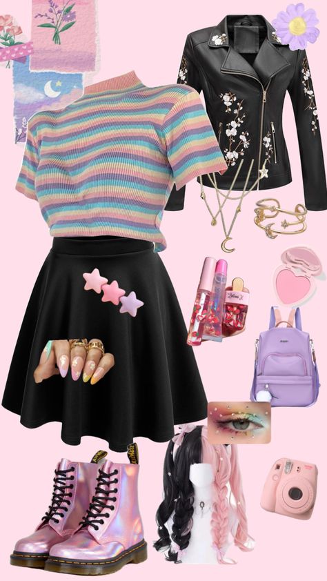 #outfitinspo #pastels #pastelaesthetic #outfits #outfitboard #outfitideas #outfitinspiration #outfitcheck #rainbow #rainydayaesthetic #rainbowpastel #pastelpink #pastelblue #pastelpurple #pastelgoth Pastel Goth Work Outfit, Corporate Pastel Goth, Pastel Rainbow Aesthetic Outfit, Pastel Punk Aesthetics, Fall Pastel Outfits, Pastel Alternative Outfits, Pastel Rainbow Clothes, Rainbow Goth Outfit, Edgy Pastel Outfits