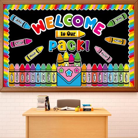 PRICES MAY VARY. Package includes: The back to school bulletin board set consists of 38 pieces of crayon theme bulletin board cutouts, 16 pieces of colorful bulletin board borders, and 80 adhesive dots. The sufficient quantity to satisfy your decorative needs. Quality material: Our crayon cutouts back to school bulletin board set is made of thick cardboard, fade-resistant and coated with glossy film on both sides, sturdy enough that these colorful crayons cutouts won’t be tear or break easily. A Pre K Board Ideas, Play Bulletin Board Ideas, Crayon Back To School Bulletin Board, Back To School Boards Preschool, Welcome To Our Pack Bulletin Board, Kindergarten Bulletin Board Ideas Beginning Of The Year, Preschool Bulletin Board Ideas Welcome, First Day Of School Bulletin Board Ideas, Welcome To Preschool Bulletin Boards