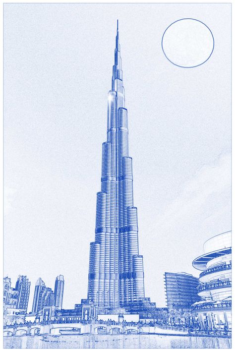 Blueprint drawing of Burj Khalifa Emirates Dubai 2s Art Print by Asar Studios - X-Small Burj Khalifa Drawing, Dubai Drawing, Architectural Embroidery, Location Drawing, Architecture Exam, Skyline Drawing, Dubai Art, Architecture Artists, Blueprint Drawing