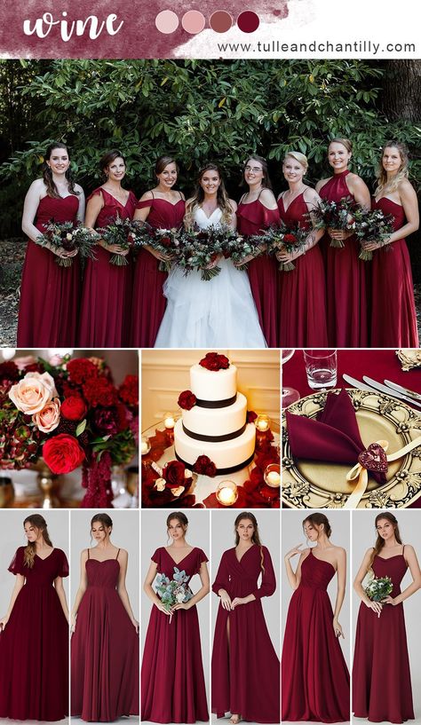 Red Wine Bridesmaid Dresses Fall Wedding, Claret Bridesmaid Dresses, Red Wine Bridesmaid Dresses, Black And Wine Wedding Colors, Burgandy Bridesmaids Dresses, Cabernet Wedding Colors, Crimson Bridesmaid Dresses, Wine Colored Bridesmaid Dresses, Autumn Wedding Dress Bridesmaid