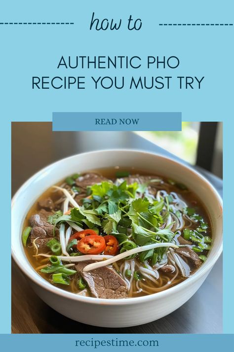 Craving something warm and flavorful? Discover the secrets to making genuine Vietnamese Pho at home, a cozy noodle soup bursting with spices, freshness, and savory depth. This easy Pho recipe combines tender meat, aromatic broth, and rice noodles that are sure to satisfy any foodie. Perfect for chilly days or when you want a comforting bowl of goodness, Pho is a delightful dish to enjoy alone or share with family Pho Seafood, Easy Pho, Pho Recipe Authentic, Best Pho Recipe, Authentic Pho Recipe, Pho Noodle Soup Recipe, Shrimp Pho, Pho Soup Recipe, Pho Noodle Soup