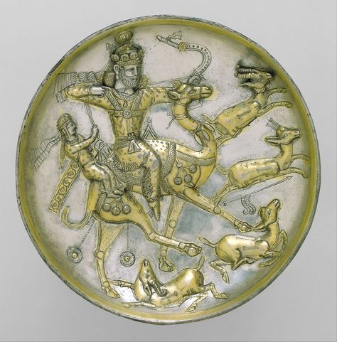 Plate with a hunting scene from the tale of Bahram Gur and Azadeh ca. 5th century A.D. Sasanian, Silver, mercury gilding Iran Culture, Hunting Scene, Ancient Near East, Ancient Persia, Persian Empire, Ancient Persian, Iranian Art, Mesopotamia, Ancient Artifacts