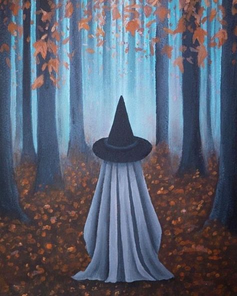 Ghost With Witch Hat Painting, Halloween Paintings On Canvas Hocus Pocus, Witchy Aesthetic Painting, Ghost In Forest Painting, Painting Halloween On Old Paintings, Cauldron Painting Ideas, Halloween Artwork Painting, How To Paint Ghosts, Sheet Ghost Painting