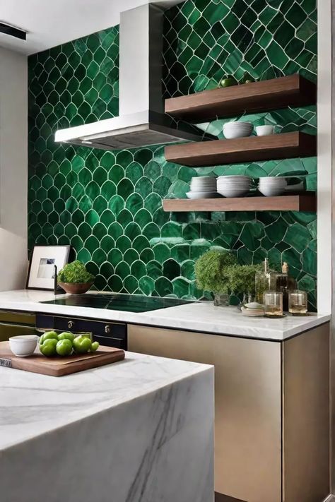 A bold feature wall in the kitchen with floortoceiling emerald green tiles Emerald Green Tiles Kitchen, Green Black And White Kitchen, Emerald Green Backsplash, Emerald Green Tiles, Green Tile Kitchen, Quartz Backsplash Kitchen, Emerald Green Kitchen, Emerald Kitchen, Green Kitchen Backsplash