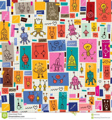 Collage Cartoon, Note Doodles, Bouncy Balls, Retro Robot, Retro Fabric, Digital Print Fabric, Bullet Journal Ideas Pages, Doodle Patterns, Textile Prints