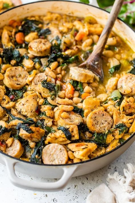 Chicken Sausage Beans Recipes, Skinnytaste Dinner Recipes, Hearty Fall Dinner Recipes, Chicken And Sausage Casserole, Recipe With Chicken Sausage, Skinnytaste Recipes Dinners, White Bean Cassoulet Recipe, Chicken And Swiss Chard, Chicken Sausage Dinner Ideas