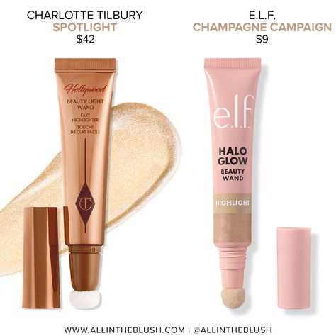 Charlotte Tilbury Spotlight Beauty Highlighter Wand Dupes - All In The Blush Charlotte Tilbury Spotlight, Champagne Campaign, Silver Lights, Charlotte Tilbury, Makeup Products, Highlighter, Sephora, Beauty Hacks, Halo