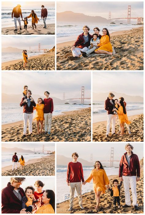 Baker Beach Family Photoshoot, Baker Beach Photoshoot, Fall Beach Family Photos, Bridge Family Photos, Beach Mini Session, Beach Family Photos Outfits, Big Family Photoshoot, Bridge Photoshoot, Beach Family Photoshoot