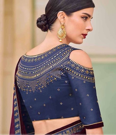 Pretty Cold Shoulder Blouse Designs We Spotted! Cold Shoulder Blouse Indian, Cold Shoulder Blouse Designs, Cotton Blouse Pattern, Gold Blouse Designs, Farewell Ideas, Blouse Designes, Sleeve Patterns, Latest Saree Blouse, Blouse Designs High Neck