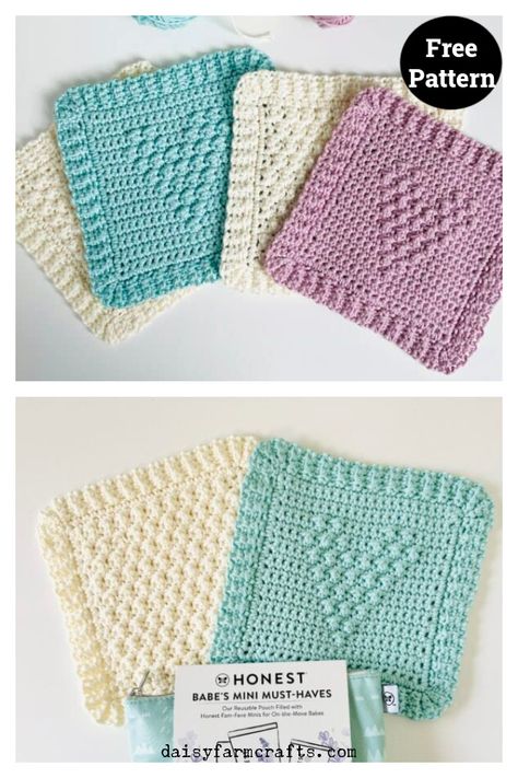 Crochet Baby Washcloth, Burp Cloth Patterns, Washcloth Pattern, Baby Washcloth, Linen Stitch, Crochet Washcloth, Knitted Heart, Clothing Patterns Free, Crochet Home Decor