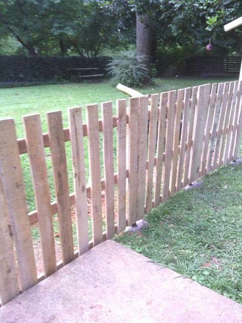 My husband built me a fence out of pallets! I fenced myself in so Scout "DOG" could have the rest of the back yard. I'm working hard on getting stuff moved and replanted...excited to finally be finished sealing it! Picket Fence From Pallets, Goats Pen, Pallet Picket Fence, Pallet Fence Diy, Diy Fencing, Parking Area, Pallet Fence, Paint White, Diy Fence