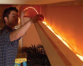 DIY Soffit box for flood lights and/or rope lighting (my dad has made these, and they are very ambient and cool) How To Add Recessed Lighting, Diy Recessed Lighting, Lights On Ceiling, Rope Lighting, Deco Led, Led Rope Lights, Led Rope, Rope Lights, Theatre Room