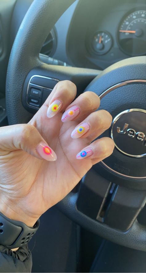 Colourful Almond Nails, Aura Nails Colorful, Nail Inspo Aura, Aura Almond Nails, Fun Almond Nails, Lola Nails, Colorful Aura, French Tip Gel Nails, Almond Nails French