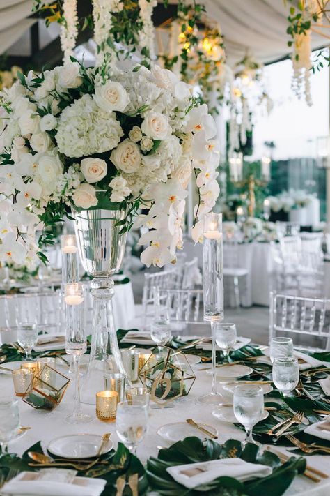 Elegant All-White Wedding with a Tropical Touch Featured on Inside Weddings - Flowers by Cina Inside Wedding, Interfaith Wedding, Orchid Centerpieces, Inside Weddings, All White Wedding, Tall Centerpieces, Wedding Inside, White Wedding Flowers, Ivory Flowers