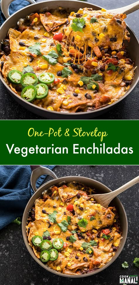 Packed with flavors, this easy stove top and one-pot Vegetarian Enchilada gets done in less than 30 minutes and is a great meal for the whole family to enjoy! Vegetarian Enchilada, Great Vegetarian Meals, One Pot Vegetarian, Vegetarian Enchiladas, Quick Vegetarian Meals, Student Recipes, Wine Delivery, Vegetarian Dinners, Vegetarian Recipes Easy