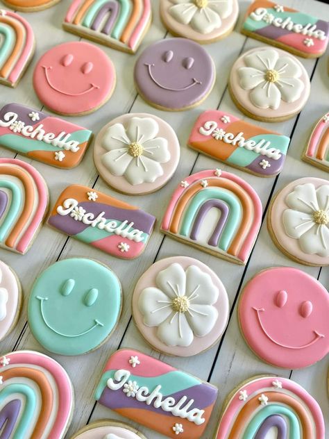 Preppy Birthday Party Cookies, Good Vibes Cookies, 11 Is A Vibe Birthday, Smiley Face Birthday Cookies, 5 Is A Vibe Cookies, Birthday Biscuits Ideas, Pastel Birthday Cookies, Preppy Birthday Cookies, 10 Birthday Cookies