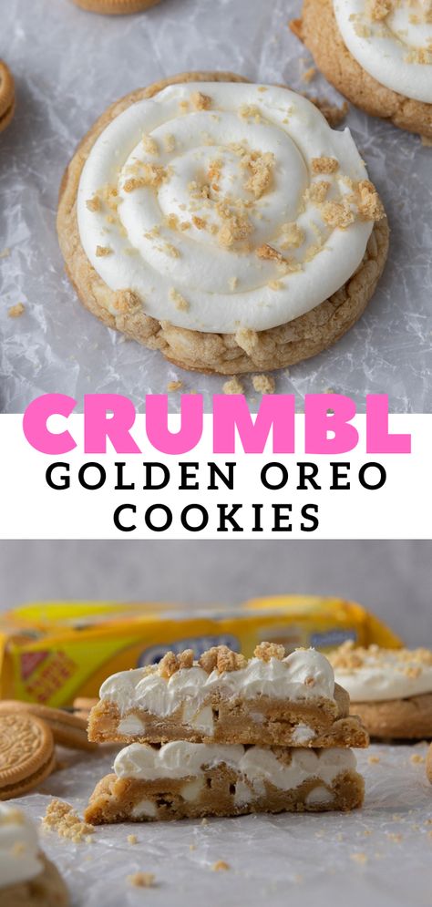 These Crumbl golden Oreo cookies are soft and thick cookies topped with a silky smooth cream cheese frosting. White Oreo Cookies, Crumbl Cookie Copycat Cookies And Cream, Homemade Golden Oreos, Vanilla Oreo Cookies, Golden Oreo Crumbl Cookie, Crumbl Cookie Dough Copycat, Golden Oreos Recipes, Vanilla Oreo Cookie Recipes, Crumbl Golden Oreo Cookies