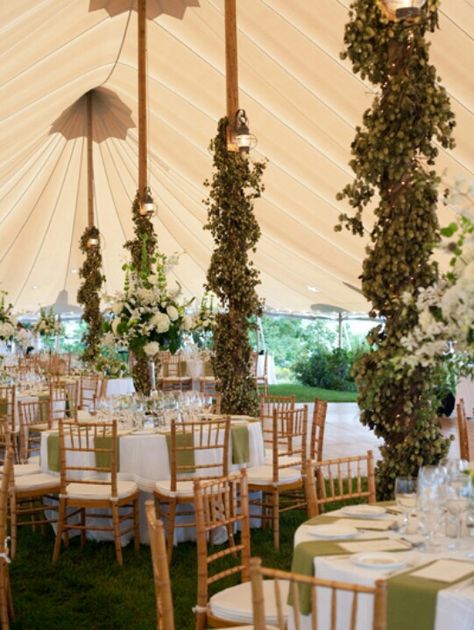 Wrap the Columns  Transform your venue's columns or tent poles from annoying distractions into artful decor by wrapping them in strings of lights, greenery or colorful fabric. Sage Napkins, Hops Wedding, Marquee Decoration, Natural Wedding Decor, Reception Tent, Tent Decor, Wedding Reception Planning, White Linens, Tent Decorations