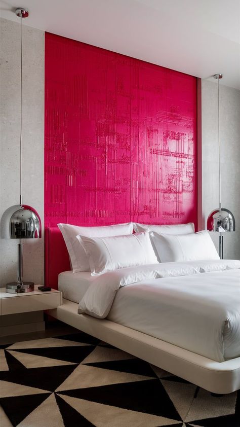 A modern bedroom with a striking hot pink accent wall, complemented by minimalist white linens, geometric decor, and sleek furniture for a bold, vibrant look. Hot Pink Bedroom Accents, Pink Bedroom Accent Wall, Hot Pink Accent Wall, Red And Pink Bedroom, Hot Pink Bedroom, Pink Accent Wall, Hot Pink Bedrooms, Bedroom Accent Wall, Pink Accent Walls