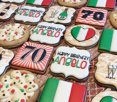 Italian theme birthday cookies  Cookies by Courtney Italian Theme Cookies, Italian Themed Cookies Decorated, Italy Themed Cookies, Italian Themed Cookies, Italy Cookies, Garfield Party, Retirement Cookies, Italy Party, Diy Cakes