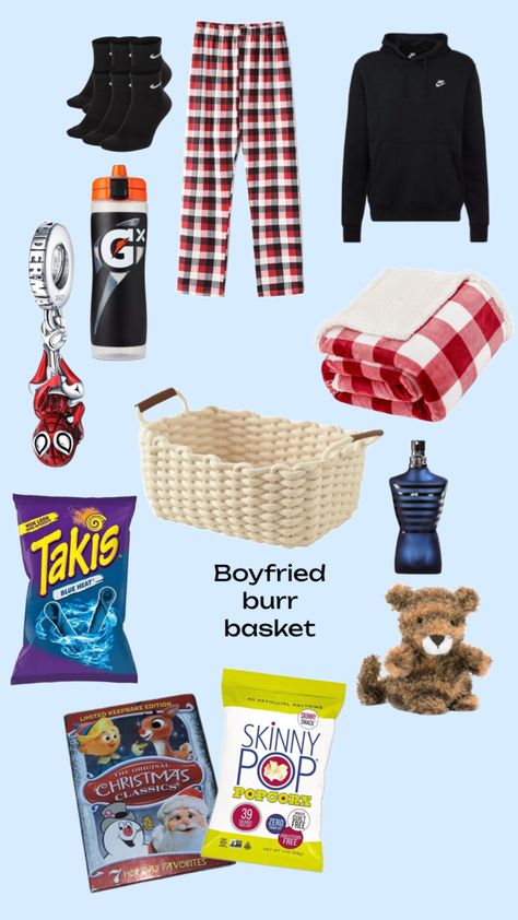 Boyfriend burr basket inspo Christmas Basket Gift Ideas Boyfriend, Simple Boyfriend Gifts, Christmas Presents For Boyfriend, Making A Gift Basket, Cute Christmas Ideas, Gift Baskets For Him, Boyfriend Gift Basket, Holiday Baskets, Baskets For Men