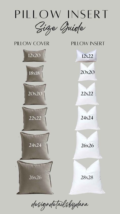 Elevate your throw pillow design game with this pillow insert sizing chart. This guide will help you create full, plush, and beautiful throw pillows that will enhance your home living space. Throw pillows | Pillow inserts | Living room decor | Bedroom decor | Home decor How To Wash Throw Pillows, Bedroom Pillows Arrangement, Throw Pillow Arrangement, Hot Pink Throw Pillows, Cushion Arrangement, Pillow Sizes Chart, Types Of Couches, Easy S, Grey Sofa Living Room