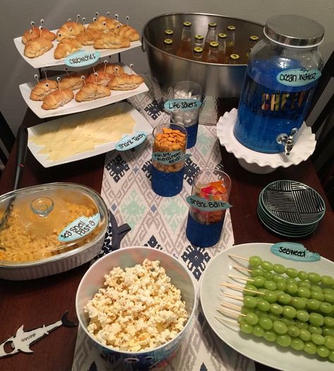 Shark Themed Snacks, Decorations, and More! Shark Week Party Food, Shark Themed Snacks, Shark Themed Food, Shark Week Recipes, Shark Week Party, Theme Snack, Themed Snacks, Movie Night Snacks, Shark Party