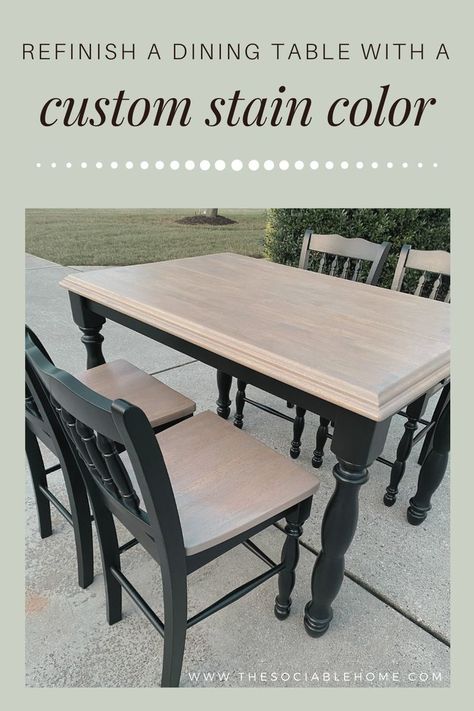 The Sociable Home posted a graphic explaining that you can refinish an Ashley Furniture dining table in 15 days like they did. The Sociable Home used Citristrip to remove old varnish and blended stain colors 1:1 to make a custom tone to match their space. Dining Table Refurbish Ideas, Table Remodel, Ashley Furniture Dining, Black Dining Room Table, Dining Room Table Makeover, Painted Kitchen Tables, Dining Table Makeover, Kitchen Table Makeover, Furniture Upcycling