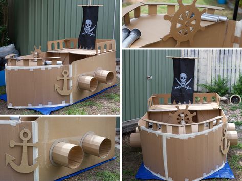 Spooky Ocean, Cardboard Box Boats, Pirate Ships Diy, Cardboard Pirate Ship, Pirate Halloween Party, Pirate Box, Cardboard Box Diy, Pirate Props, Cardboard Boat