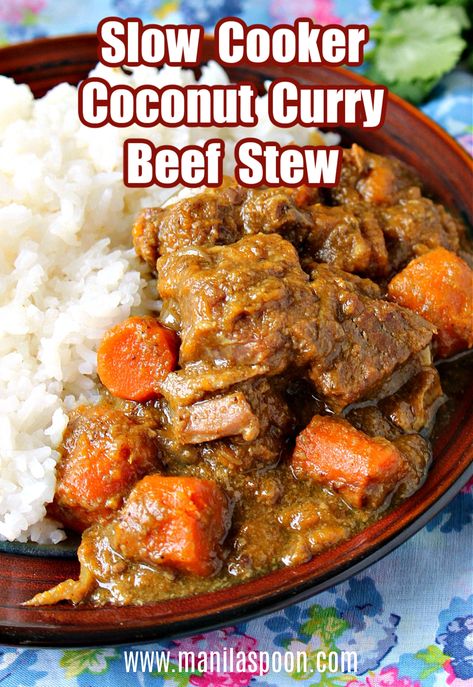 Slow Cooker Coconut Curry Beef Stew - Manila Spoon Curry Beef Stew, Slow Cooker Coconut Curry, Creamy Coconut Sauce, Beef Chunks, Stew Crockpot, Curry Beef, Stew Beef, Cooking Jasmine Rice, Slow Cooker Stew