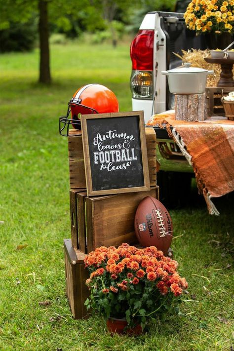 Fall Tailgate Decor, Fall Football Party Decor, Fall Football Themed Event, Football Tailgate Photoshoot, Fall And Football Decor, Tailgating Decorating Ideas, Backyard Tailgate Party Ideas, Tailgate And Celebrate Engagement Party, Football Tailgate Decorations