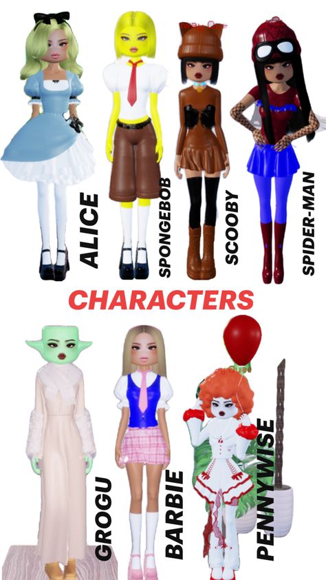 Dress to Impress (DTI) characters inspiration Character Themes, Characters Inspiration, Do I Love Him, Baddie Outfits Ideas, Easy Paper Crafts Diy, Theme Dress, Themed Outfits, Clay Charms, Halloween Hacks