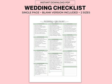 12 Month Wedding Checklist Printable Template, Wedding Planning Guide, Wedding Day Single Sheet To Do List, Stress Free Wedding Planner Wedding Checklist Timeline Printable, Wedding Planning Timeline Printable, 12 Month Wedding Checklist, Wedding Checklist Timeline, Wedding Checklist Printable, Wedding Day Schedule, Free Wedding Planner, Wedding Binder, Checklist Printable