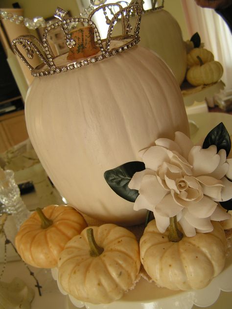 Finally something to do with all of my tiaras Bridal Shower Table Decorations, Halloween Bridal Showers, Pumpkin Wedding, Cinderella Pumpkin, Shower Table, Bridal Shower Tables, Bridal Shower Centerpieces, Fall Wedding Centerpieces, Fall Bridal Shower