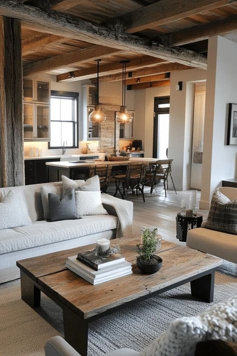 "Add a touch of rustic elegance to your living room with Modern Decor! 🛋️🌾 A great way to create a stylish and welcoming environment. 🌿✨ #RusticModern #LivingRoomDesign #HomeInspiration" Rustic Modern Cottage, Rustic Transitional Decor, Rustic Contemporary Living Room, Rustic Modern Home, Rustic Transitional, Airbnb Ideas, Modern Rustic Living Room, Modern Rustic Decor, Modern Farmhouse Living Room