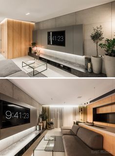 Hi-Light Architects have designed a modern apartment in Poland Narrow Modern Living Room, Hi Lights, Narrow Living, Tv Walls, Tv Consoles, Modern Apartment Design, Narrow Living Room, Tv Units, Living Room Shelves