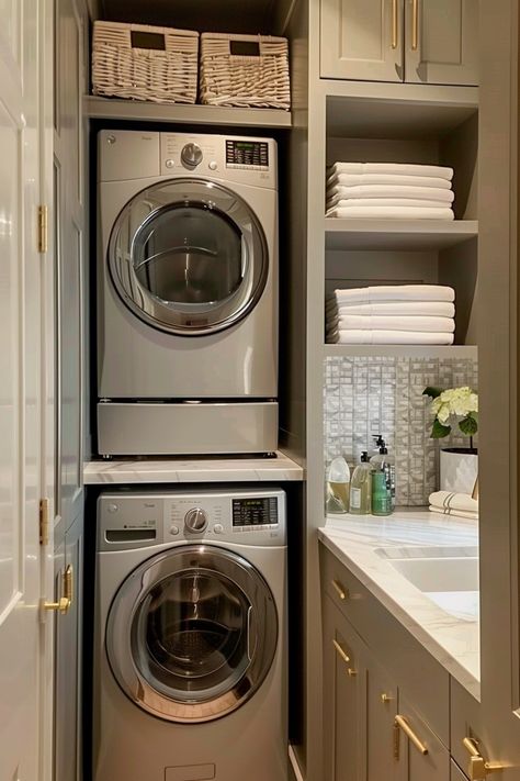 Give your small laundry room a chic makeover with these stylish decor ideas! From trendy accents to timeless charm, this guide will help you create a laundry space that is as fashionable as it is functional. #ChicMakeover #SmallLaundryRoom #HomeDesign Corner Washer And Dryer Room Ideas, Small Bathroom With Washer Dryer, Very Small Laundry Room Ideas, Small Laundry Room Ideas Stackable, Small Laundry Room Decor Ideas, Small Laundry Room Decor, Laundry Room Redesign, Small Laundry Room Design Ideas, Small Laundry Room Design