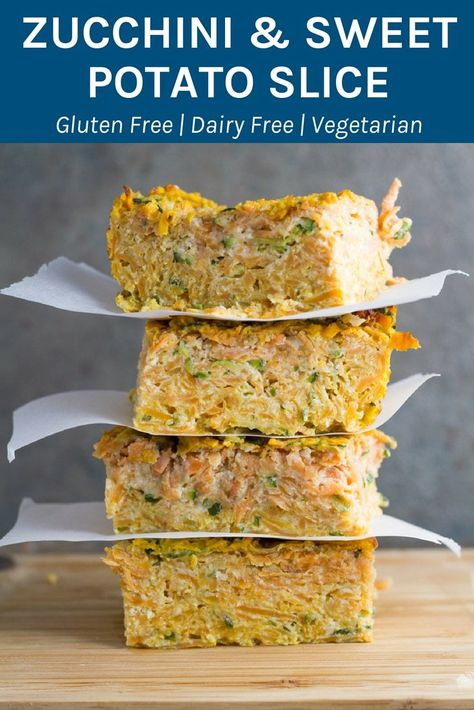 Make this gluten & dairy free zucchini & sweet potato slice in bulk so you have extra for the week. This slice tastes delicious either hot or cold #glutenfree #dairyfree #vegetarian #zucchini #sweetpotato | becomingness.com Savoury Slice, Vegetable Slice, Sweet Potato Slices, Zucchini Slice, Slices Recipes, Free Snacks, Thermomix Recipes, Almond Recipes, Dairy Free Recipes