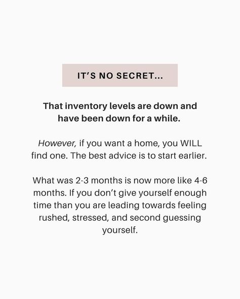 The real estate timeline has changed… ⏳ A LOT. Because we’re in a low-inventory market, it’s taking buying a little while longer to secure their new homes. What does this mean for you if you want to buy a home? You need to start the process early! ⏰ For example, if you want to have a new home by the end of 2024, you can’t wait to start looking until September–you need to get started now. Give yourself enough time so you can enjoy the process rather than feeling rushed! Ready to get s... Enjoy The Process, Buy A Home, Start Now, Good Advice, Home Buying, Rush, New Home, The End, Get Started