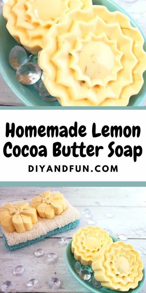 This do it yourself project for Homemade Cocoa Butter Lemon Soap is simple to make and perfect for gift giving or using yourself! Cocoa Butter Soap Recipe, Cocoa Butter Recipes, Homemade Cocoa, Melt And Pour Soap Base, Cocoa Butter Soap, Wooden Craft Sticks, Melt And Pour Soap, Lemon Soap, Soap Making Recipes