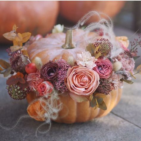 Wouldn't this be a beautiful centerpiece for a fall wedding!  Picture reposted from @lathyrus.lavka  #pumpkincenterpiece #fallwedding… Fall Pumpkin Centerpieces, Fall Pumpkin Crafts, Fall Vignettes, Fall Flower Arrangements, Floral Art Design, Pumpkin Flower, Fall Deco, Pumpkin Fall Decor, Pumpkin Centerpieces