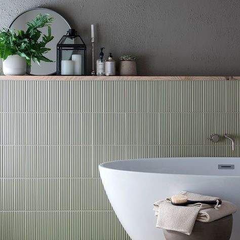 Topps Tiles on Instagram: “We're a huge fan of the reeded finishes trend and Flute is no exception. Which colour is your favourite, Sage, White or Terracotta? Want…” Sage Decor, Green Tile Bathroom, 3d Structure, Topps Tiles, Loft Bathroom, Downstairs Toilet, Fluted Glass, Toilet Design, Downstairs Bathroom