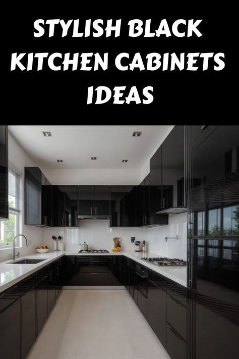 Stylish modern kitchen with glossy black cabinets and white countertops. Modern Black Cabinets Kitchen, Backsplash Black Kitchen, Black Kitchen Cabinets Ideas, Matte Black Kitchen Cabinets, Tuxedo Kitchen, Black Cabinetry, Cabinet Inspiration, Matte Black Kitchen, Kitchen Cabinets Ideas