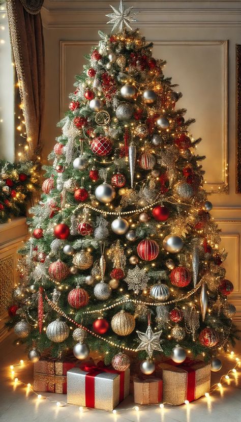 Silver Red Gold Christmas Tree, Gold Silver Xmas Tree, Christmas Tree Red White And Gold, Red And Gold And Silver Christmas Tree, Silver Gold Red Green Christmas Tree, Red Champagne Gold Christmas Tree, Red Silver And Gold Christmas Decor, Christmas Tree Themes Red And Gold, 2025 Christmas Tree